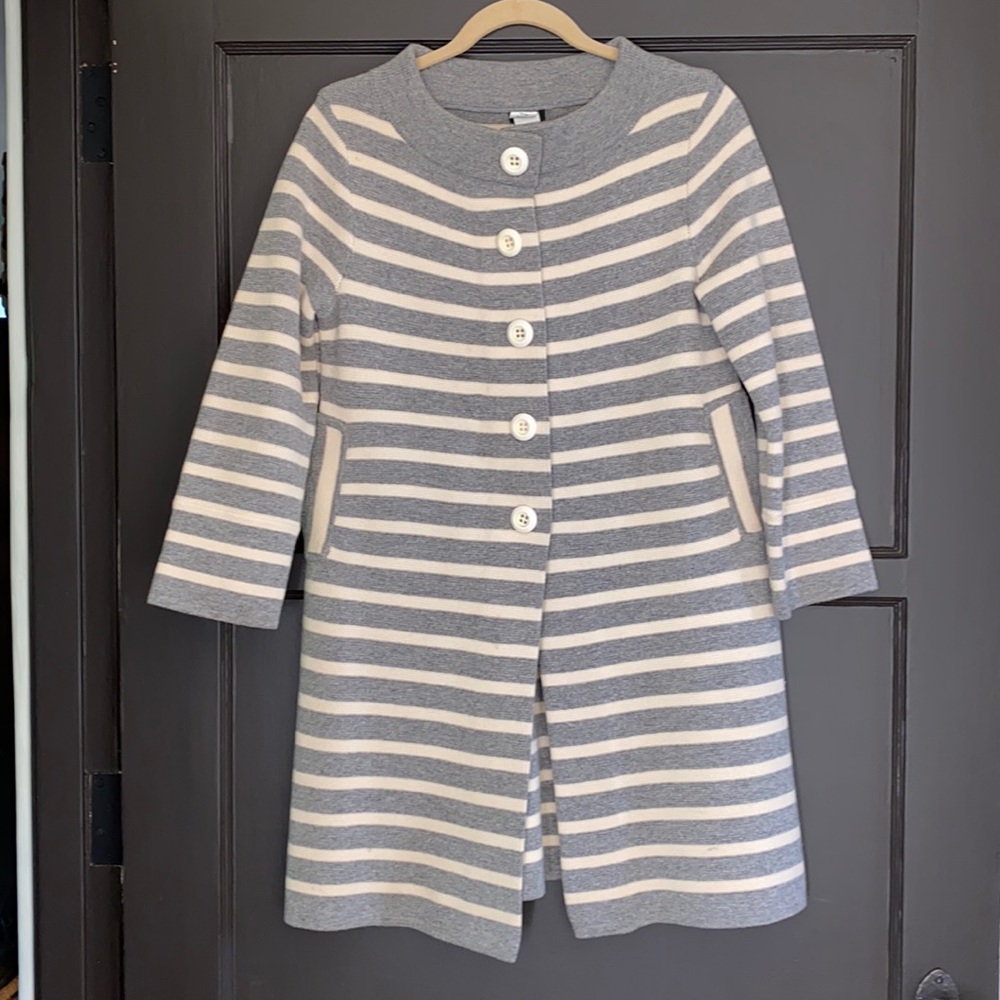 J Crew Gray Ivory Stripe Sweater Coat Wool Small